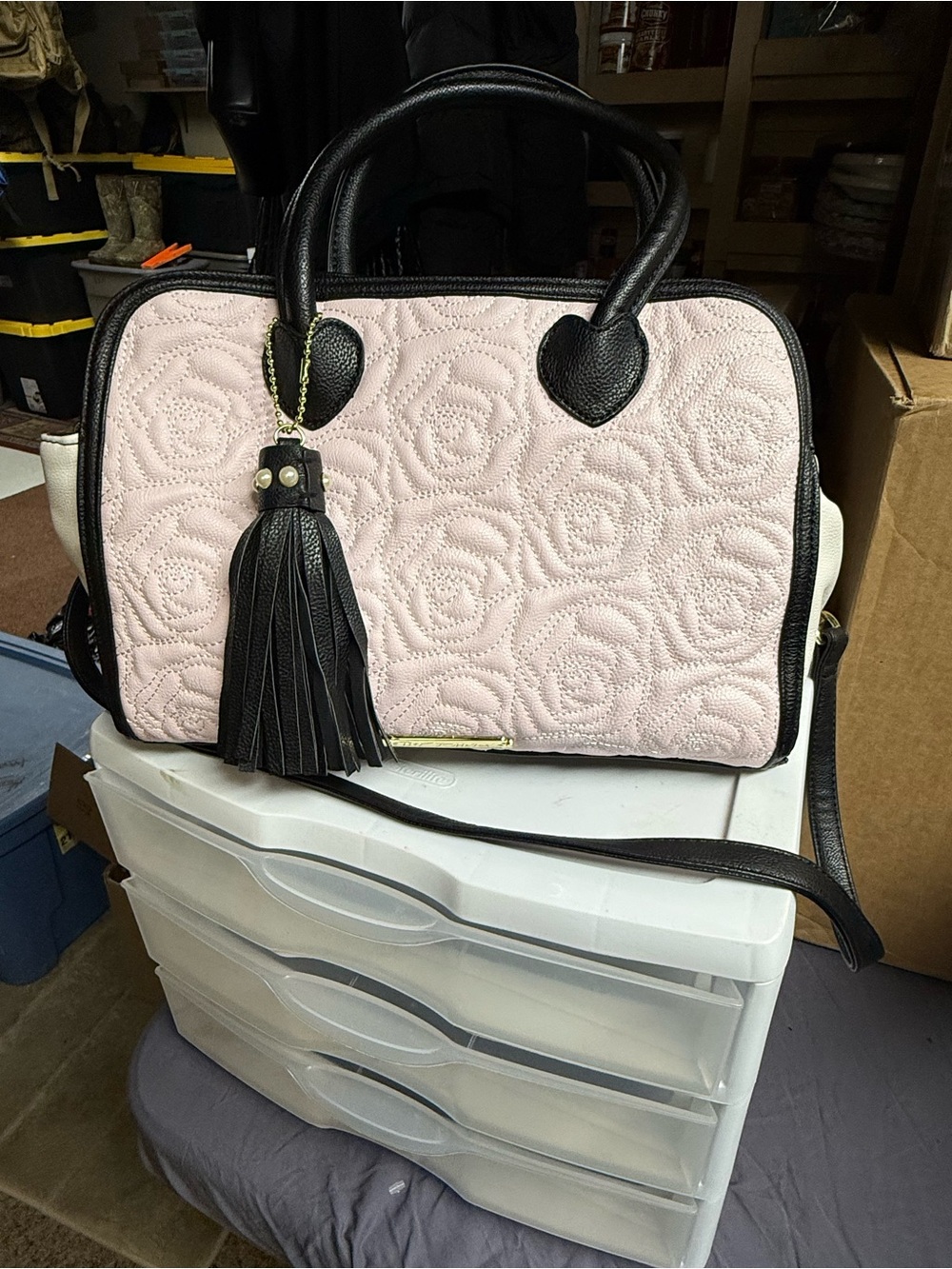 Betsy Johnson Quilted Rose-Pattern Satchel Bag in Light Pink and Black